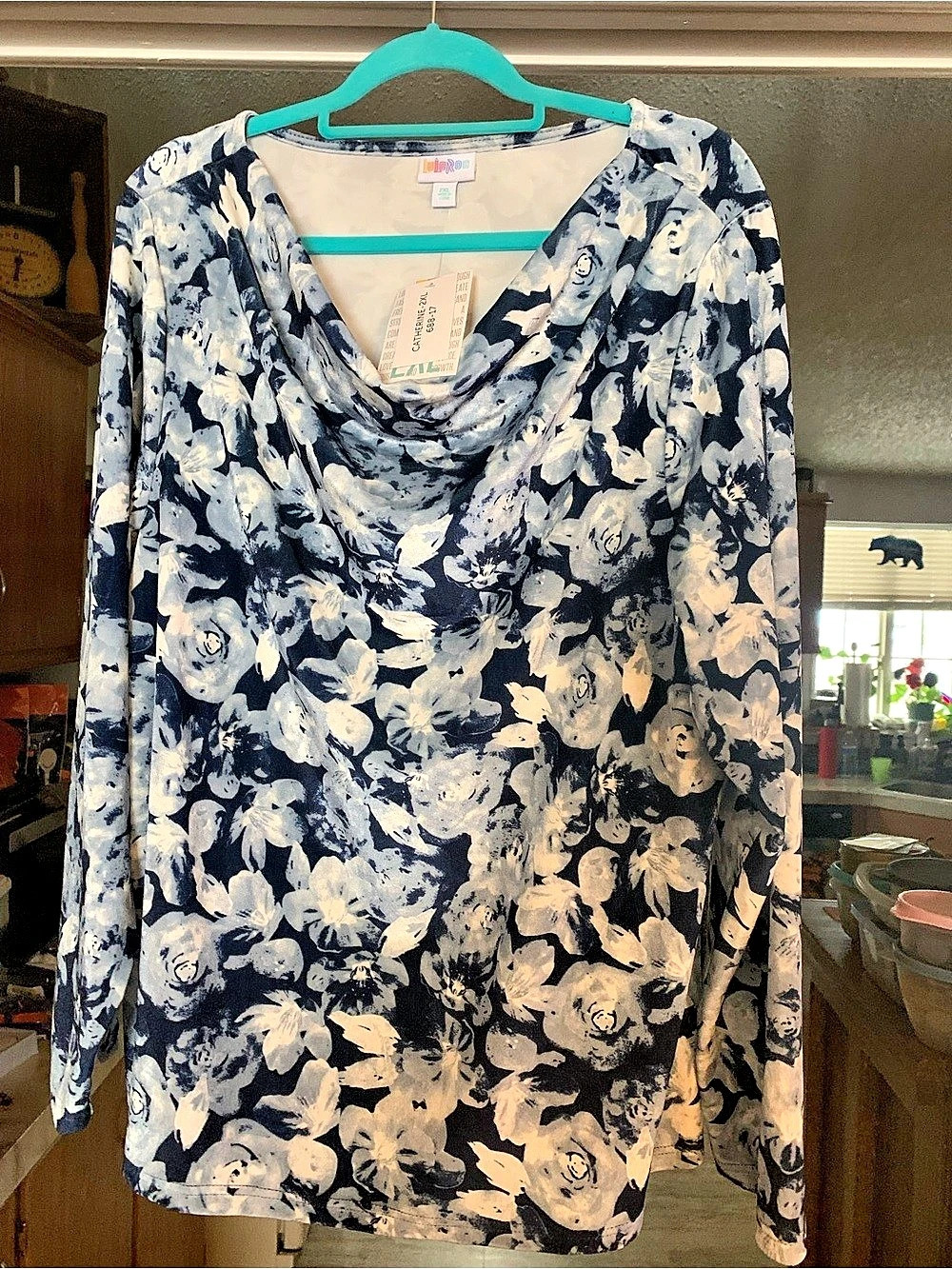 Lularoe Catherine Floral Cowl Neck Top in Blue & White 2XL NWT